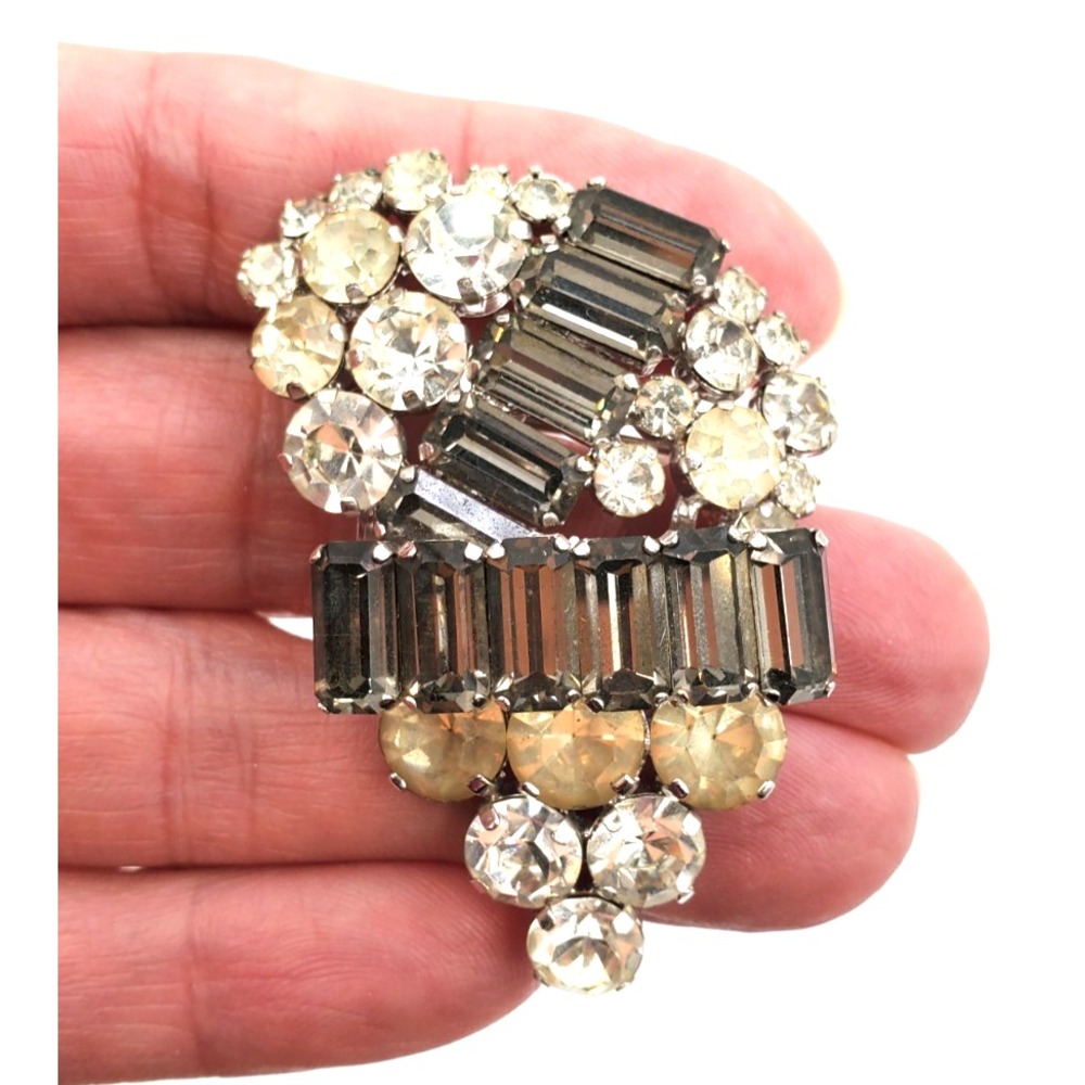 Vintage Austria Smoky Gray Clear Rhinestone MCM Brooch Silver Tone Crystal Pin
